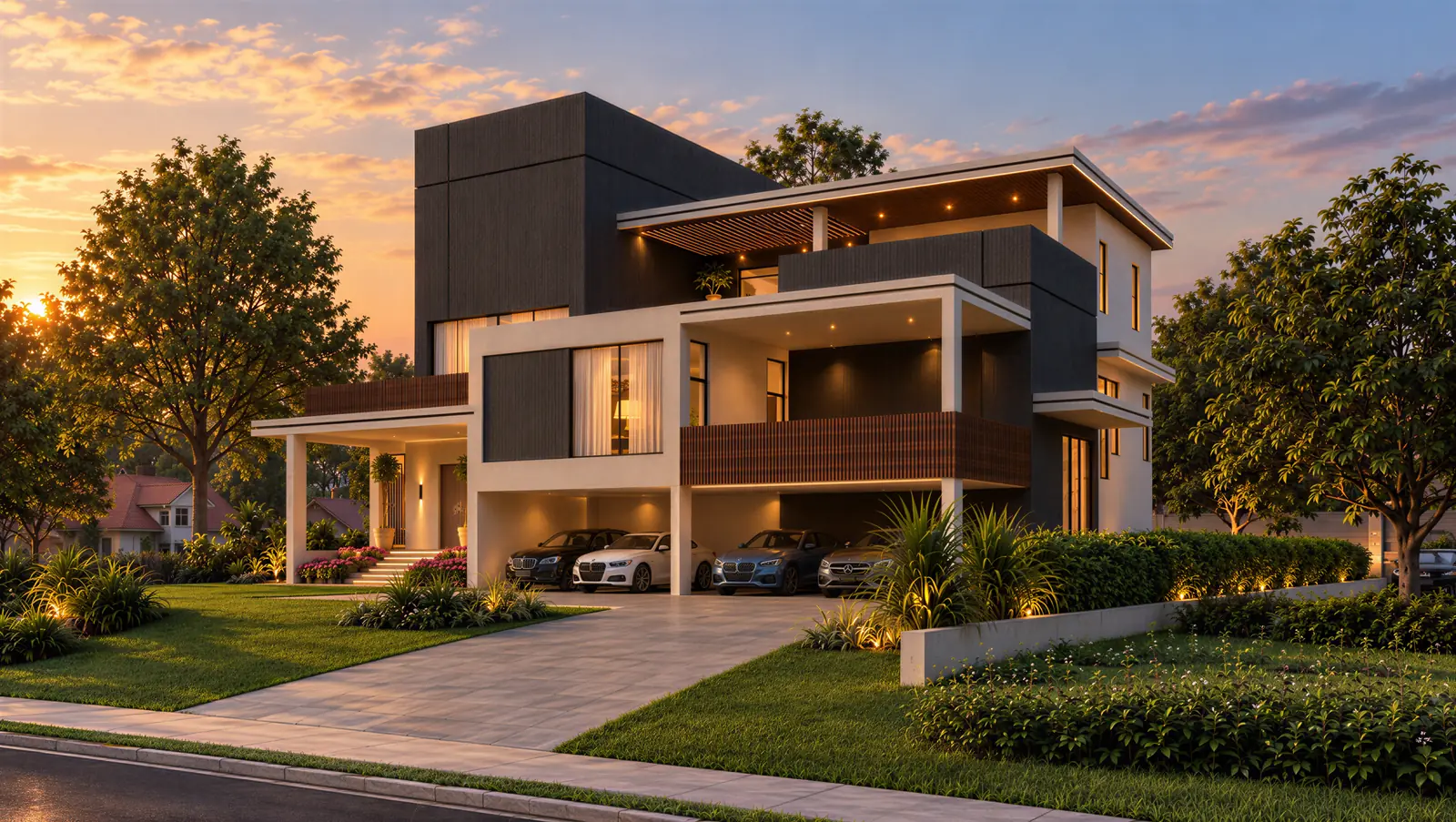 Ridge House — three-quarter view, dusk