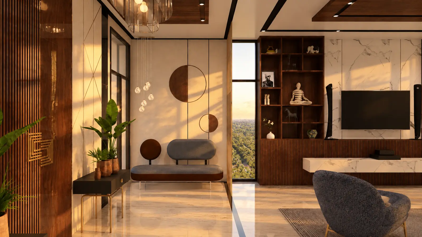 Ridge House — foyer, walnut and marble