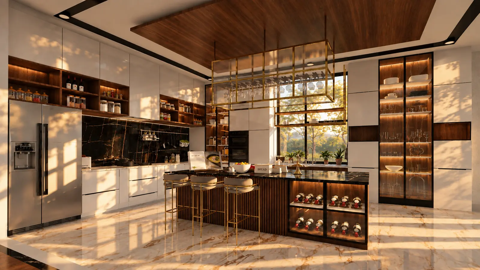 Ridge House — kitchen, brass rack over the island